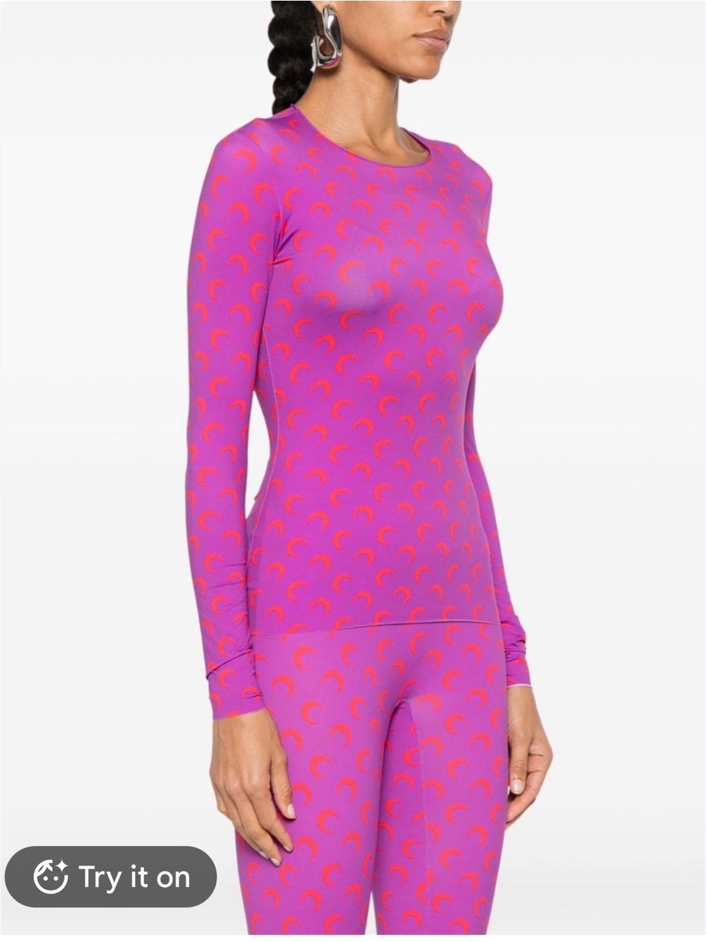 Marine Serre Purple Long-Sleeve Fitted Top with Pink Crescent Print